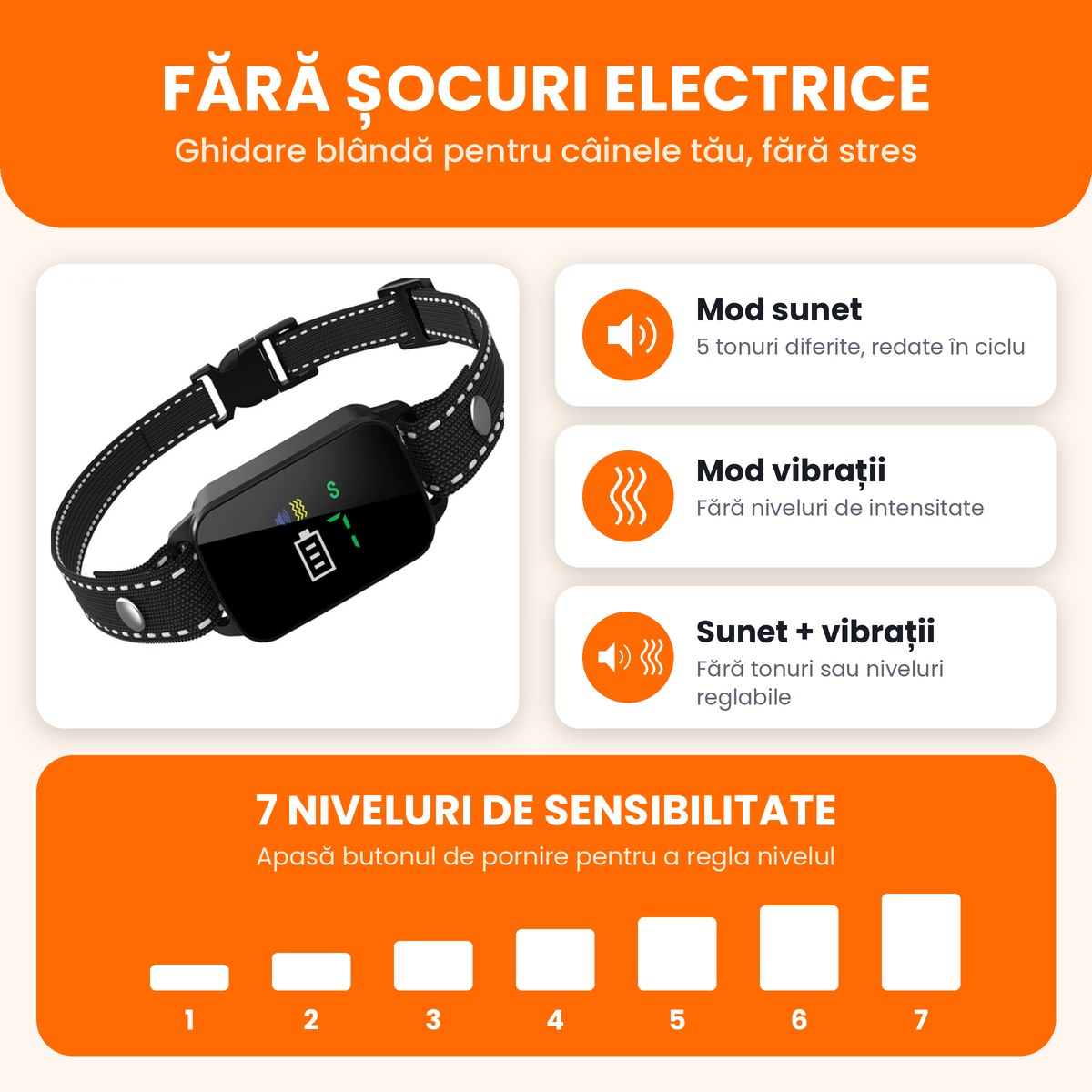 Zgarda anti-latrat fara soc: 3 moduri si 7 niveluri de sensibilitate