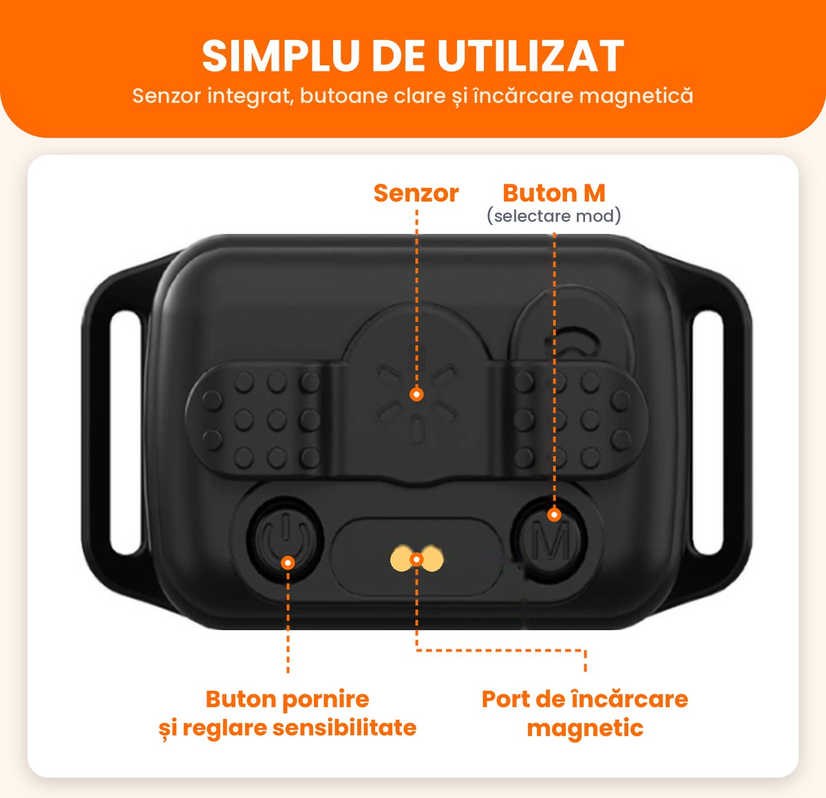 Senzor, butoane si port de incarcare magnetic al zgarzii anti-latrat