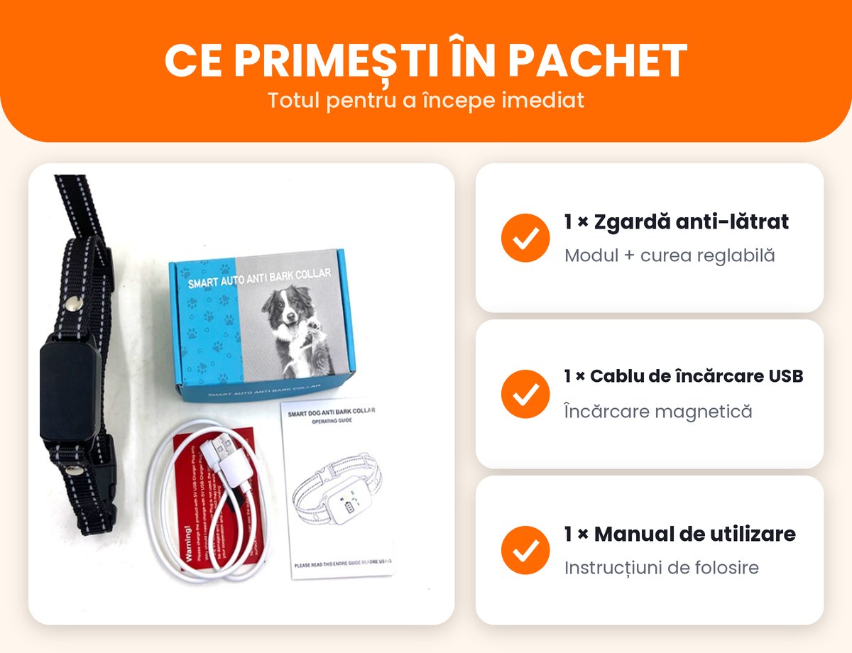 Continutul pachetului: zgarda, cablu USB si manual