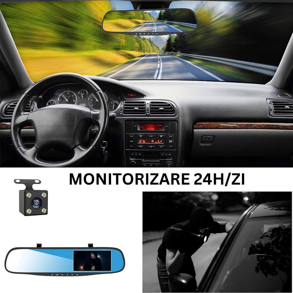 Camera dubla auto profesionala de bord, fata si spate, Oglinda Retrovizoare cu Marsarier si Senzor G de Detectare a Miscarii, Monitorizare Parcare, Night Vision, Inregistrare in bucla [9]