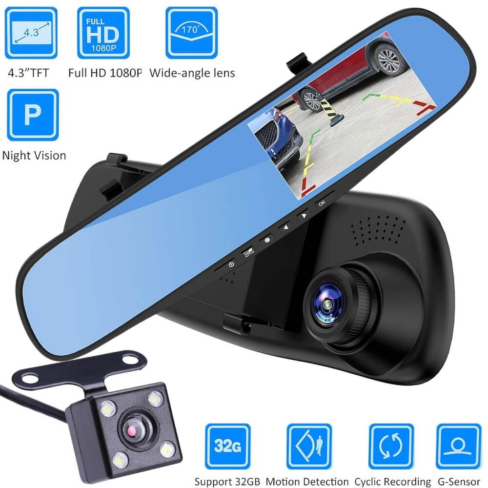 Camera dubla auto profesionala de bord, fata si spate, Oglinda Retrovizoare cu Marsarier si Senzor G de Detectare a Miscarii, Monitorizare Parcare, Night Vision, Inregistrare in bucla [2]