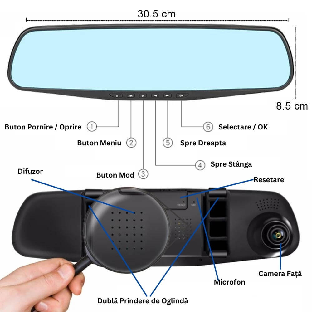 Camera dubla auto profesionala de bord, fata si spate, Oglinda Retrovizoare cu Marsarier si Senzor G de Detectare a Miscarii, Monitorizare Parcare, Night Vision, Inregistrare in bucla [18]