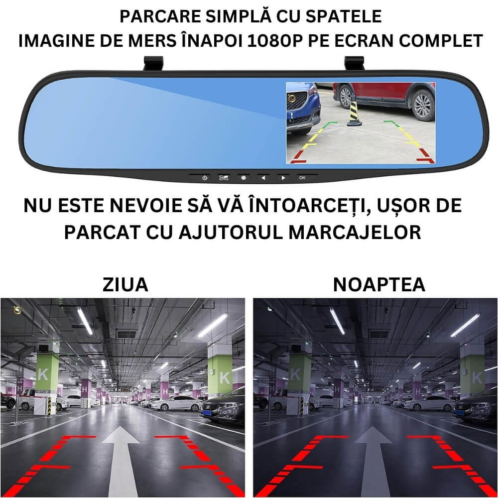 Camera dubla auto profesionala de bord, fata si spate, Oglinda Retrovizoare cu Marsarier si Senzor G de Detectare a Miscarii, Monitorizare Parcare, Night Vision, Inregistrare in bucla [10]