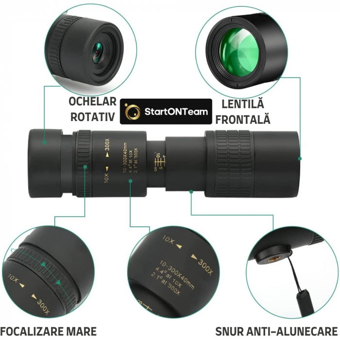 Monoclu Profesional Tip Telescop 4K 10-300X40 cu Prisma BaK-4, Dual Focus, Suport Smartphone și Trepied [5]