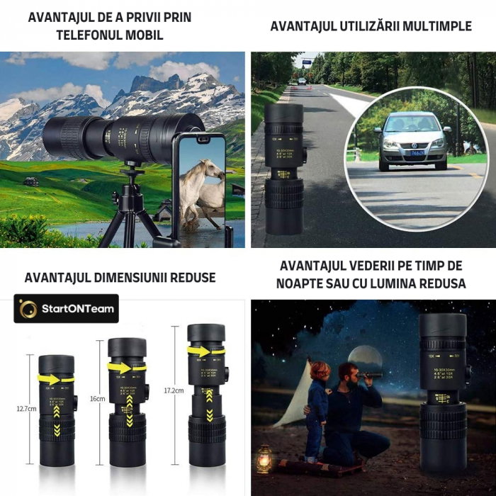 Monoclu Profesional Tip Telescop 4K 10-300X40 cu Prisma BaK-4, Dual Focus, Suport Smartphone și Trepied [10]