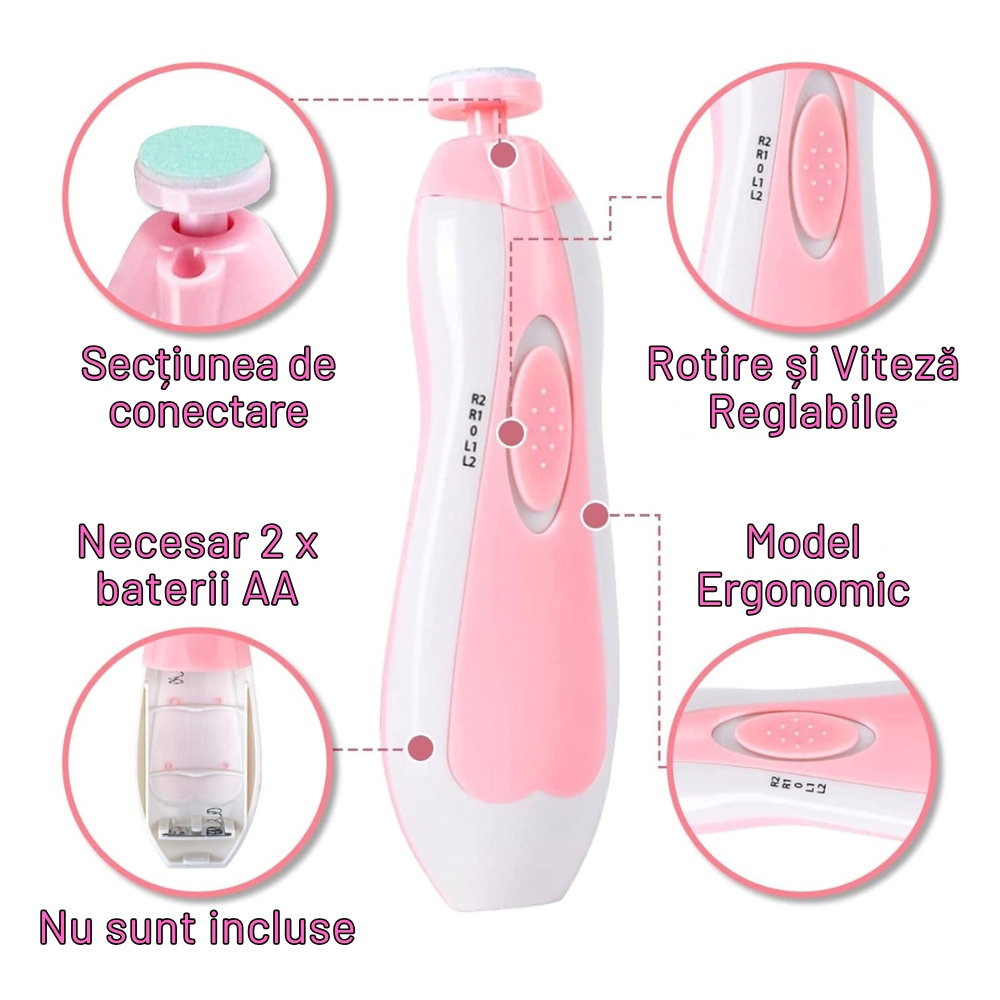 Pila Electrica de Unghii pentru Bebelusi si Copii Mici, Set cu 6 Capete, Iluminare LED [8]