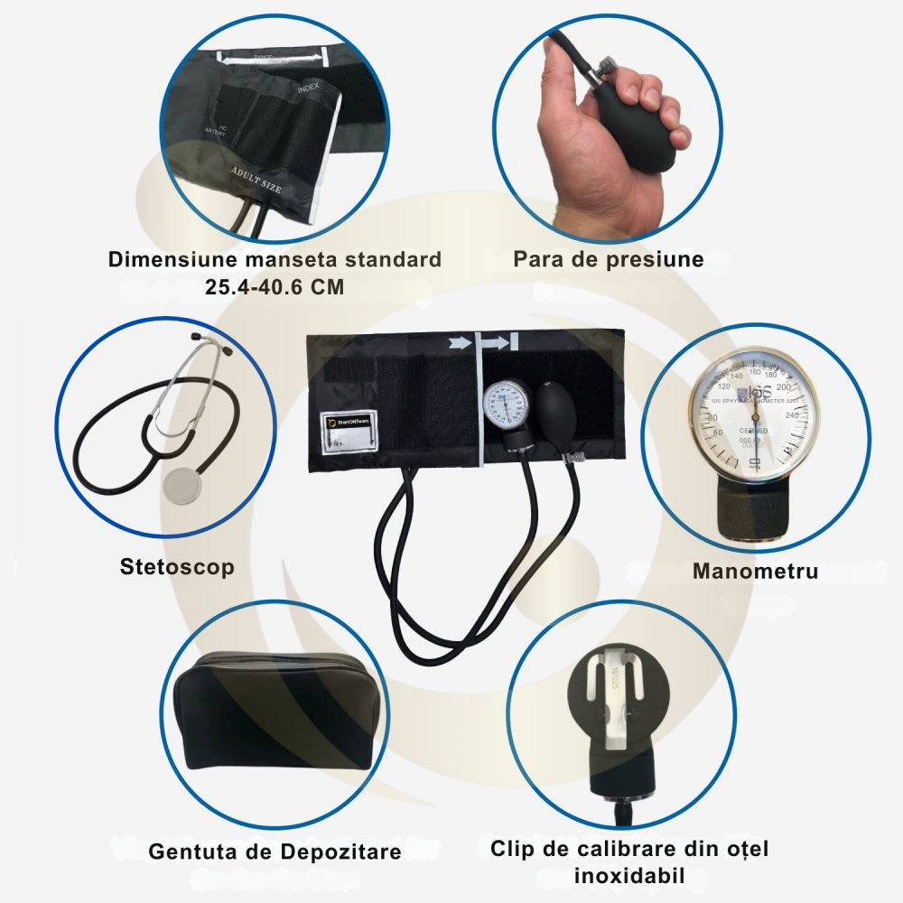 Tensiometru Manual, Clasic, cu Manseta de Brat, Aparat Mecanic Profesional pentru Monitorizare de Tensiune Arteriala, cu Stetoscop si Geanta de Depozitare, Negru [2]