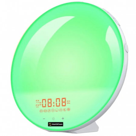 Lampa LED Inteligenta pentru Veghe si Citit, cu Radio FM, Ceas, Alarma si Simulare Rasarit/Apus Soare