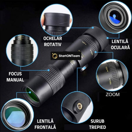 Monoclu Profesional Tip Telescop 4K 10-300X40 cu Prisma BaK-4, Dual Focus, Suport Smartphone și Trepied [3]