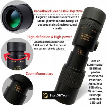 Monoclu Profesional Tip Telescop 4K 10-300X40 cu Prisma BaK-4, Dual Focus, Suport Smartphone și Trepied [11]