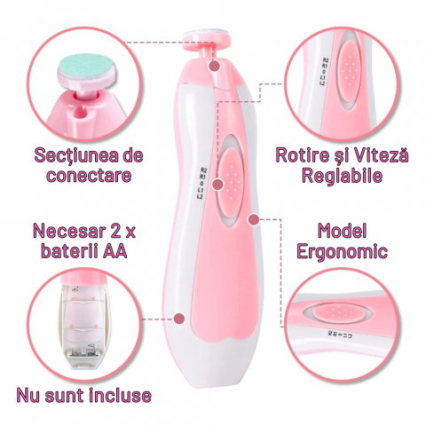 Pila Electrica de Unghii pentru Bebelusi si Copii Mici, Set cu 6 Capete, Iluminare LED [7]