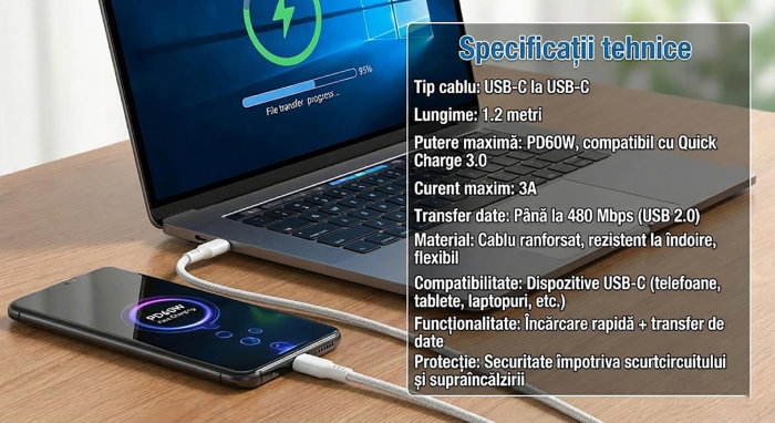 Cablu Date si Incarcare Rapida Joyroom M3, USB-C la USB-C, 60W Power Delivery, QC 3.0, 3A, Lungime 1.2m, Transfer Date 480Mbps, Alb, Compatibil Samsung, Huawei, MacBook [3]
