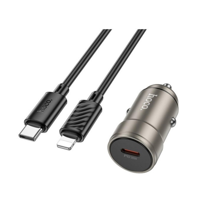 Incarcator Auto Rapid Hoco Z57, 30W Power Delivery, Port USB-C, Cablu Lightning 1m Inclus, Design Metalic, Auriu, Compatibil Apple [2]