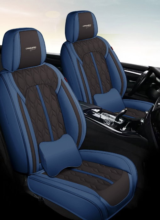 Huse auto premium 5 locuri Carguard Deluxe piele ecologica perforata - albastru inchis - negru [2]