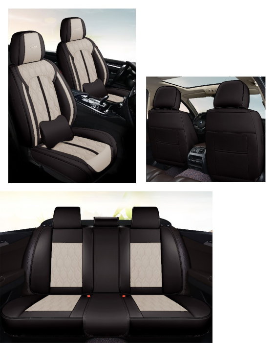Huse auto premium 5 locuri Carguard Deluxe piele ecologica perforata - negru - crem [2]