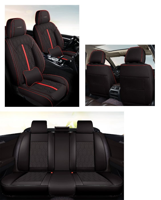Huse auto premium 5 locuri Carguard Deluxe piele ecologica perforata - negru - rosu [5]