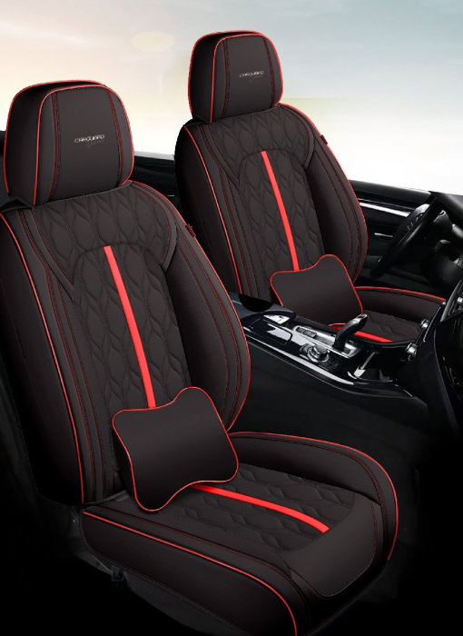 Huse auto premium 5 locuri Carguard Deluxe piele ecologica perforata - negru - rosu [2]