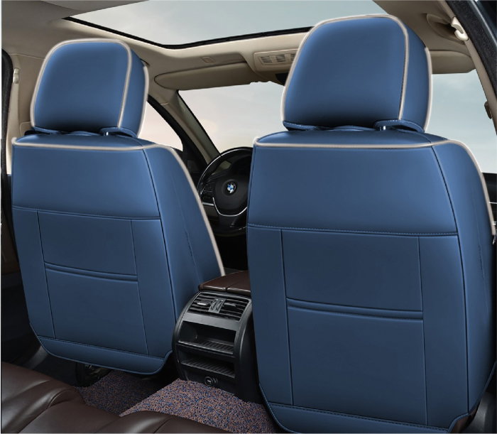 Huse auto premium 5 locuri Carguard Deluxe piele ecologica perforata si textil - albastru - alb [4]