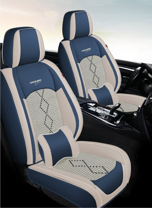Huse auto premium 5 locuri Carguard Deluxe piele ecologica perforata si textil - albastru - alb [3]