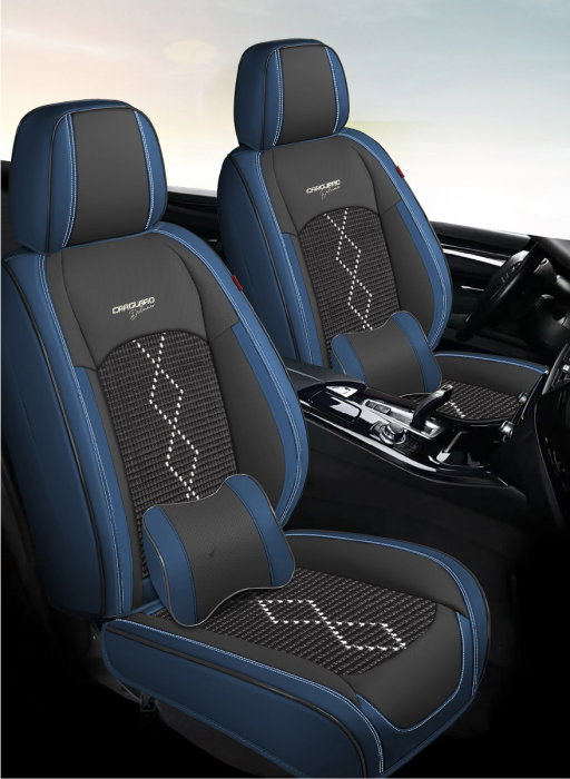 Huse auto premium 5 locuri Carguard Deluxe piele ecologica perforata si textil - negru - albastru inchis [2]