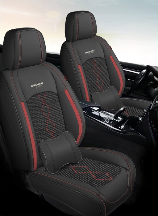 Huse auto premium 5 locuri Carguard Deluxe piele ecologica perforata si textil - negru - rosu inchis [2]