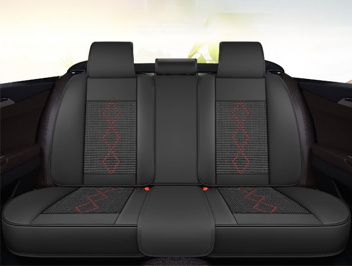 Huse auto premium 5 locuri Carguard Deluxe piele ecologica perforata si textil - negru - rosu inchis [3]