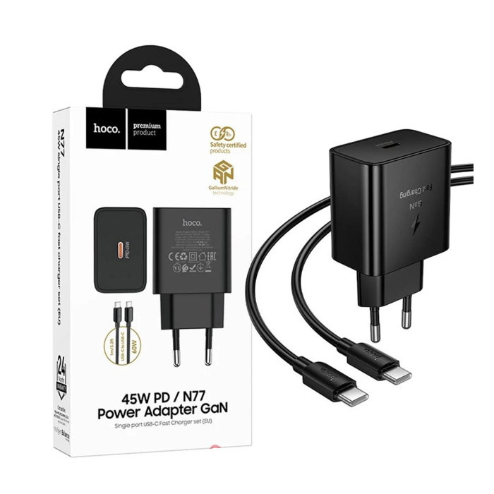 Încărcător Rețea HOCO N77 GaN 45W (PD & QC 3.0) + Cablu USB-C (1m), Negru [1]