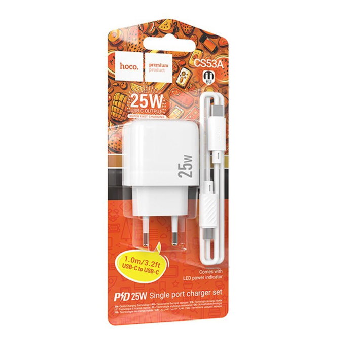 Pachet Încărcător Rețea HOCO CS53A, 25W FastCharge (USB-C) + Cablu USB-C 1 metru, Alb [1]