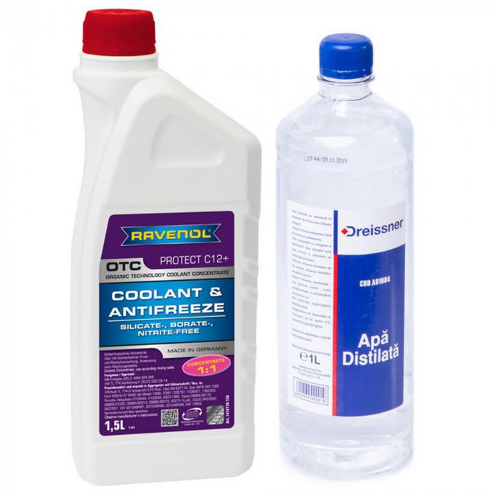 Pachet 2.5 litri antigel concentrat Ravenol OTC rosu si apa distilata [1]