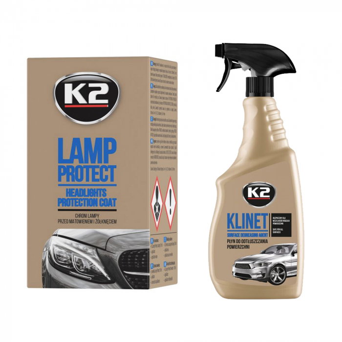 Pachet lac protectie cu aplicator K2 pentru faruri 10 ml + degresant K2 cu pulverizator pentru caroserie 750ml [1]