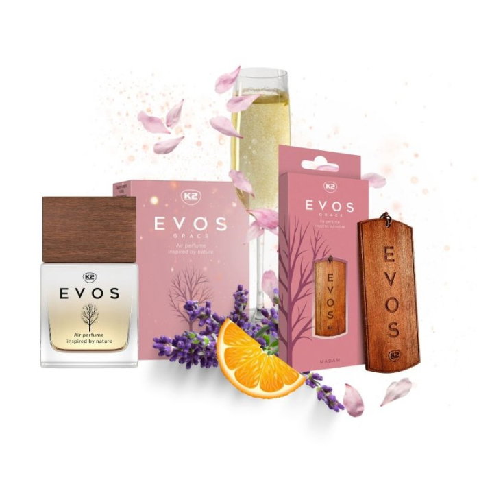Pachet Complet Odorizant Auto K2 EVOS GRACE MADAM: Pandantiv Lemn + Parfum Spray 50ml, Aromă Florală (Portocală, Lavandă, Ambră) [2]