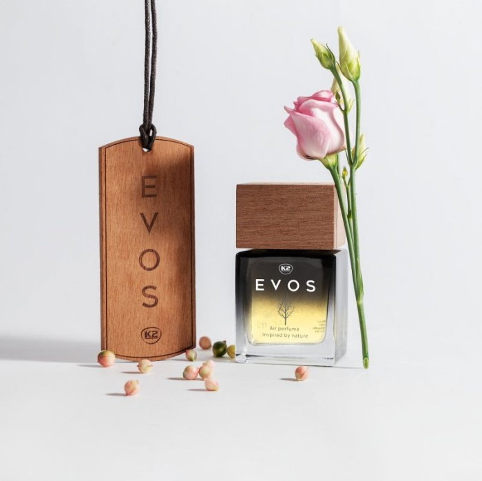 Pachet Complet Odorizant Auto K2 EVOS UNICORN: Pandantiv Lemn + Parfum Spray 50ml, Aromă Fructată (Piersică, Plumeria, Santal) [2]