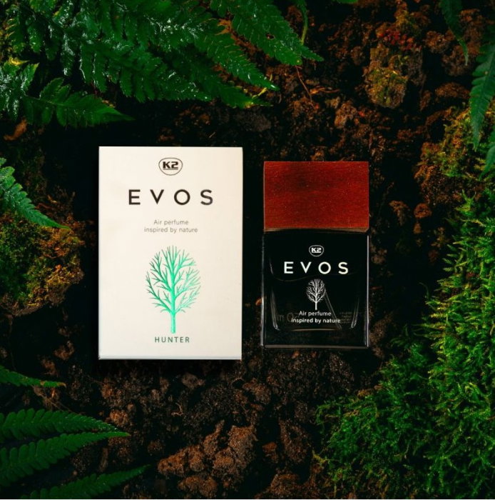 Parfum Auto Spray K2 EVOS HUNTER 50ml, Aromă Fougère (Bergamotă, Geranium, Mușchi), Sticlă cu Dop de Lemn [6]
