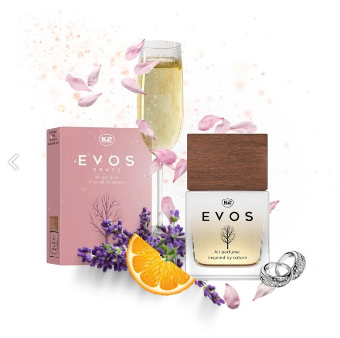 Parfum Auto Spray K2 EVOS GRACE MADAM 50ml, Aromă Florală (Portocală, Lavandă, Ambră), Sticlă cu Dop de Lemn [2]