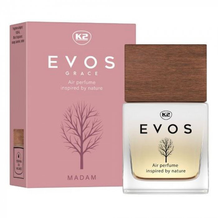 Parfum Auto Spray K2 EVOS GRACE MADAM 50ml, Aromă Florală (Portocală, Lavandă, Ambră), Sticlă cu Dop de Lemn [1]