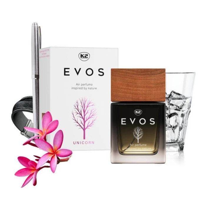 Parfum Auto Spray K2 EVOS UNICORN 50ml, Aromă Fructată (Piersică, Plumeria, Santal), Sticlă cu Dop de Lemn [2]
