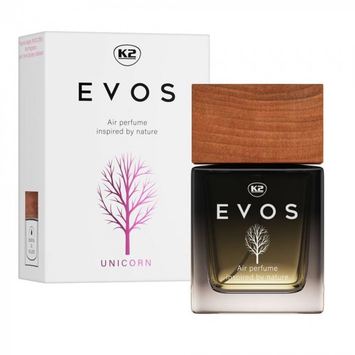 Parfum Auto Spray K2 EVOS UNICORN 50ml, Aromă Fructată (Piersică, Plumeria, Santal), Sticlă cu Dop de Lemn [1]