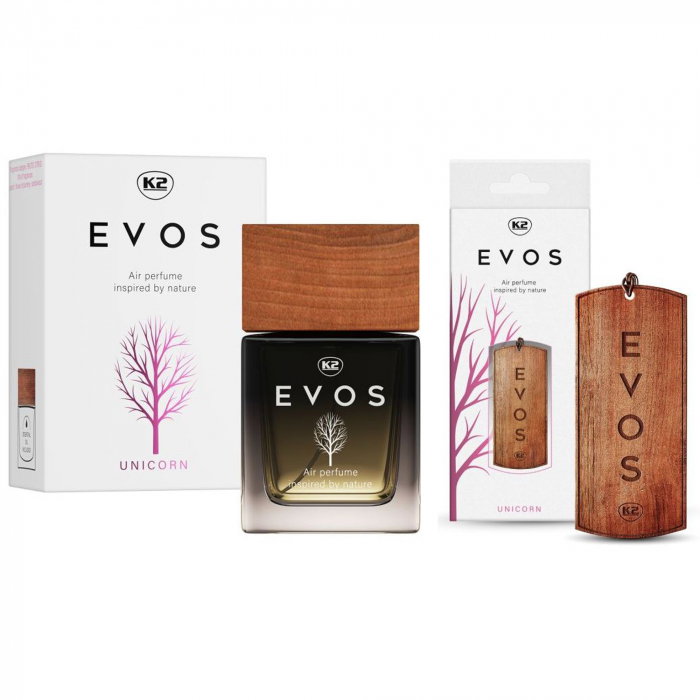 Pachet Complet Odorizant Auto K2 EVOS UNICORN: Pandantiv Lemn + Parfum Spray 50ml, Aromă Fructată (Piersică, Plumeria, Santal) [1]