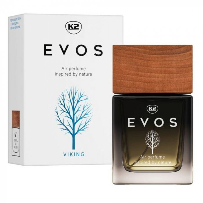 Parfum Auto Spray K2 EVOS VIKING 50ml, Aromă Acvatică (Lime, Flori de Apă, Mosc), Sticlă cu Dop de Lemn [1]