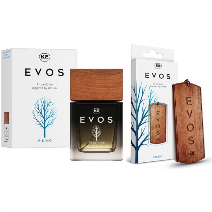 Pachet Complet Odorizant Auto K2 EVOS VIKING: Pandantiv Lemn + Parfum Spray 50ml, Aromă Acvatică (Lime, Flori de Apă, Mosc) [1]
