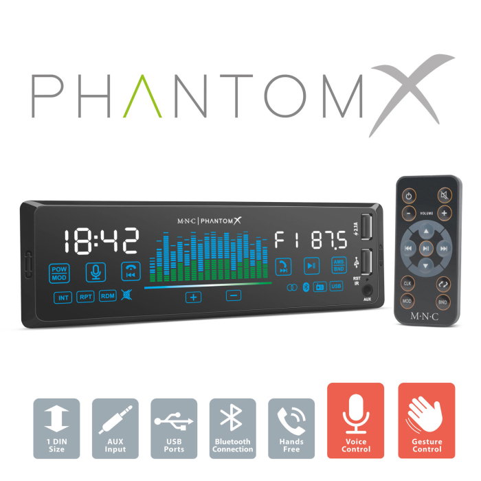 Player auto "PhantomX" - 1 DIN - 4 x 50 W - versiune gestuala - BT - MP3 - AUX - USB [1]