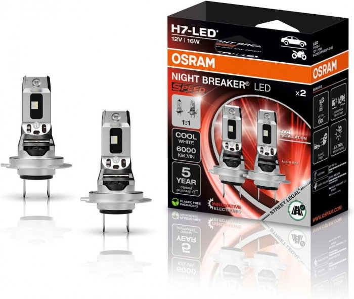 Set 2 Becuri LED H7 OSRAM Night Breaker LED SPEED – Street Legal, 6000K, Design 1:1, Montaj Rapid [1]