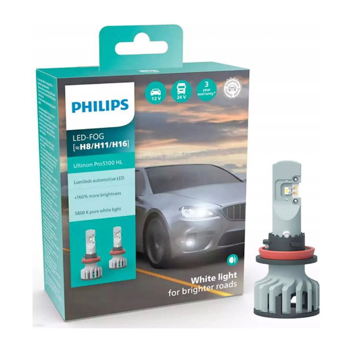 Set 2 LED-uri H8/H11/H16 PHILIPS Ultinon Pro5100 HL - +160% Lumină, 5800K, 12V/24V [1]