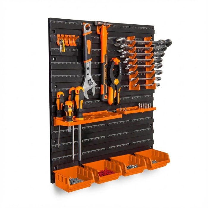 Panou Organizator Scule de Perete, Set 2 Placi Modulare (475x272mm), 14 Suporturi + 4 Cutii Depozitare, Plastic Rezistent, Atelier si Garaj [1]