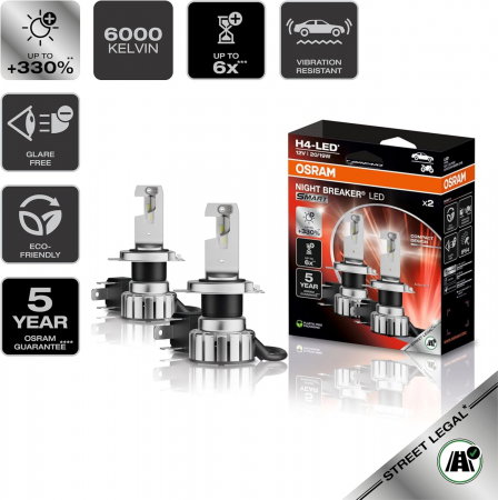 Set 2 H4 Osram Night Breaker Smart LED omologare RAR Street Legal +330% [2]