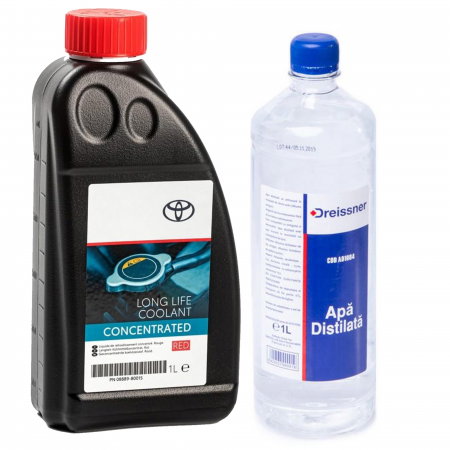 Branduri - Pachet 2 litri antigel Toyota Long Life G12 concentrat rosu si apa distilata
