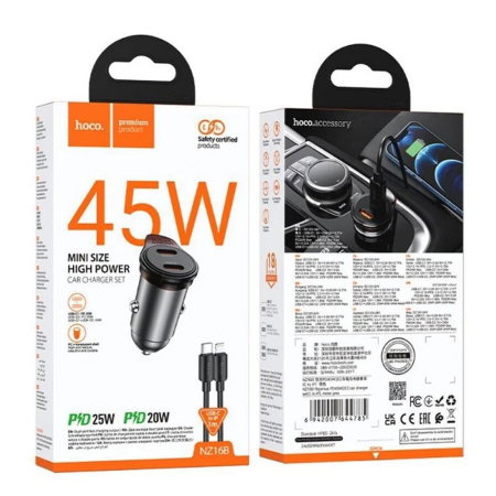 Branduri - Incarcator Auto Hoco NZ16B, 45W Power Delivery, 2x Porturi USB-C, Cablu Lightning 1m Inclus, Incarcare Rapida, Design Metalic, Gri