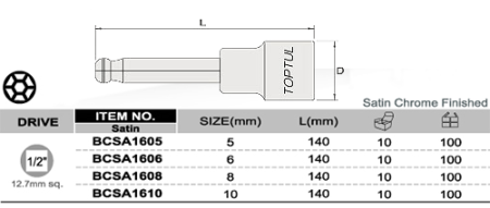 Tubulare cu torx, E-uri si hexagon (Scule si echipamente service) - Capat cheie hexagonala bila lung 1/2 5-140mm