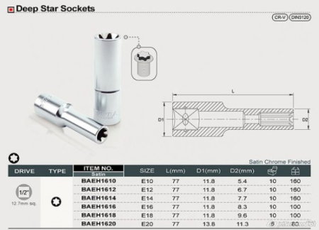 Tubulare cu torx, E-uri si hexagon (Scule si echipamente service) - Cheie tubulara adanca 1/2 E18
