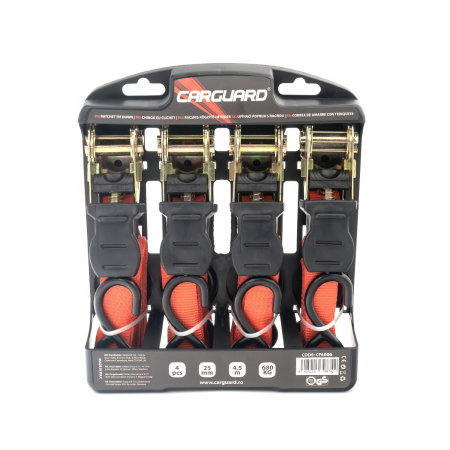 Set 4 Chingi Ancorare cu Clichet Carguard - 4.5m x 25mm - 680kg (Total 2.7 Tone) - Moto, ATV, Remorcă - Certificat TUV/GS [1]